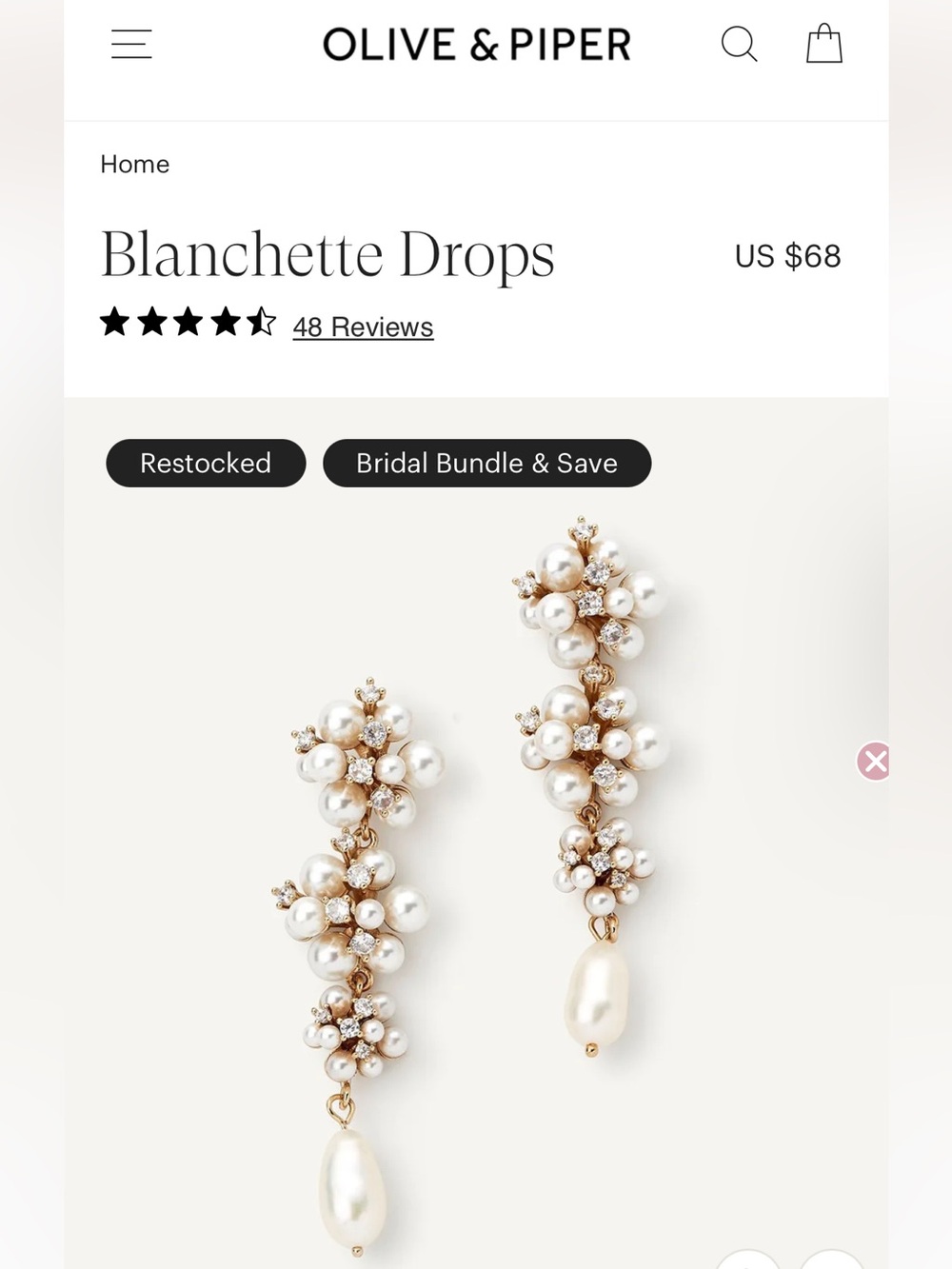 Oliver & Piper Blanchette Drop Earrings Pearl Gold Tone